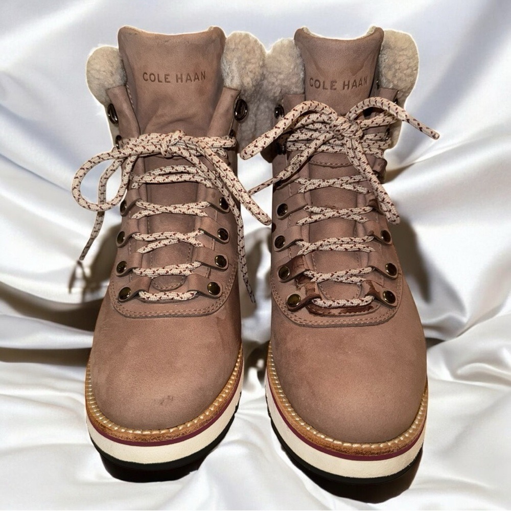 Cole Haan GrandExplore Waterproof Shearling Hiker‎ Boots Tan Nubuck Womens